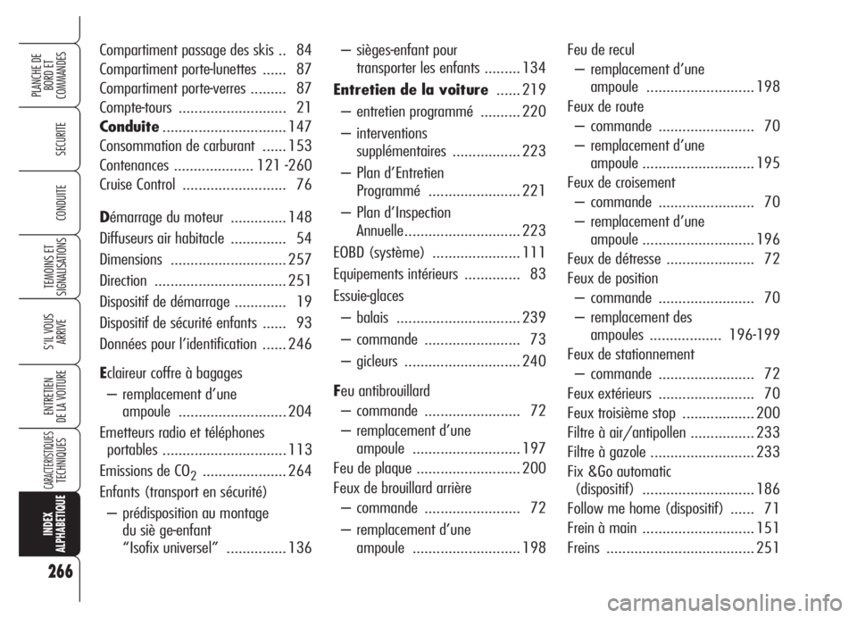 Alfa Romeo 159 2005  Notice dentretien (in French) 266
SECURITE
TEMOINS ET 
SIGNALISATIONS
S’IL VOUS 
ARRIVE
ENTRETIEN
DE LA VOITURE
CARACTERISTIQUESTECHNIQUES
INDEX
ALPHABETIQUE
PLANCHE DE
BORD ET 
COMMANDES
CONDUITE
– sièges-enfant pour 
transp