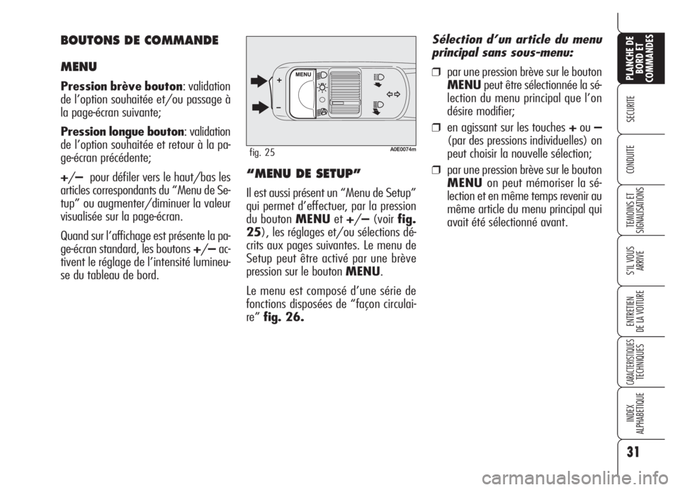 Alfa Romeo 159 2005  Notice dentretien (in French) 31
SECURITE
TEMOINS ET
SIGNALISATIONS
S’IL VOUS
ARRIVE
ENTRETIEN
DE LA VOITURE
CARACTERISTIQUESTECHNIQUES
INDEX
ALPHABETIQUE
PLANCHE DE
BORD ET
COMMANDES
CONDUITE
A0E0074mfig. 25
“MENU DE SETUP”