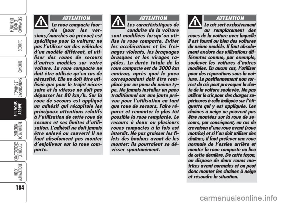 Alfa Romeo 159 2006 Notice dentretien (in French) 184
SECURITE
TEMOINS ET
SIGNALISATIONS
S’IL VOUS
ARRIVE
ENTRETIEN
DE LA VOITURE
CARACTERISTIQUESTECHNIQUES
INDEX
ALPHABETIQUE
PLANCHE DE
BORD ET
COMMANDES
CONDUITE
La roue compacte four-
nie (pour Alfa Romeo 159 2006 Notice dentretien (in French) 184
SECURITE
TEMOINS ET
SIGNALISATIONS
S’IL VOUS
ARRIVE
ENTRETIEN
DE LA VOITURE
CARACTERISTIQUESTECHNIQUES
INDEX
ALPHABETIQUE
PLANCHE DE
BORD ET
COMMANDES
CONDUITE
La roue compacte four-
nie (pour