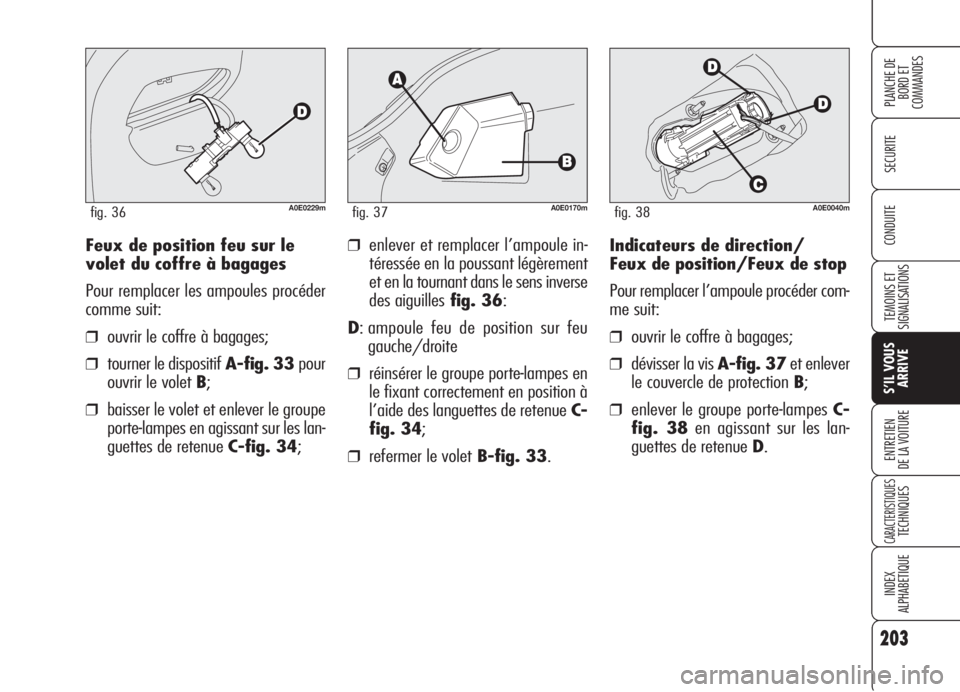Alfa Romeo 159 2006 Notice dentretien (in French) 203
SECURITE
TEMOINS ET
SIGNALISATIONS
S’IL VOUS
ARRIVE
ENTRETIEN
DE LA VOITURE
CARACTERISTIQUESTECHNIQUES
INDEX
ALPHABETIQUE
PLANCHE DE
BORD ET
COMMANDES
CONDUITEIndicateurs de direction/
Feux de Alfa Romeo 159 2006 Notice dentretien (in French) 203
SECURITE
TEMOINS ET
SIGNALISATIONS
S’IL VOUS
ARRIVE
ENTRETIEN
DE LA VOITURE
CARACTERISTIQUESTECHNIQUES
INDEX
ALPHABETIQUE
PLANCHE DE
BORD ET
COMMANDES
CONDUITEIndicateurs de direction/
Feux de