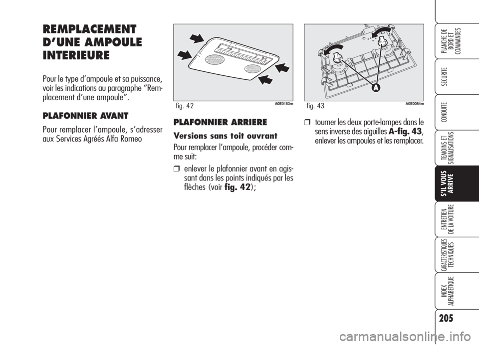Alfa Romeo 159 2006 Notice dentretien (in French) 205
SECURITE
TEMOINS ET
SIGNALISATIONS
S’IL VOUS
ARRIVE
ENTRETIEN
DE LA VOITURE
CARACTERISTIQUESTECHNIQUES
INDEX
ALPHABETIQUE
PLANCHE DE
BORD ET
COMMANDES
CONDUITE
REMPLACEMENT
D’UNE AMPOULE
INTE Alfa Romeo 159 2006 Notice dentretien (in French) 205
SECURITE
TEMOINS ET
SIGNALISATIONS
S’IL VOUS
ARRIVE
ENTRETIEN
DE LA VOITURE
CARACTERISTIQUESTECHNIQUES
INDEX
ALPHABETIQUE
PLANCHE DE
BORD ET
COMMANDES
CONDUITE
REMPLACEMENT
D’UNE AMPOULE
INTE