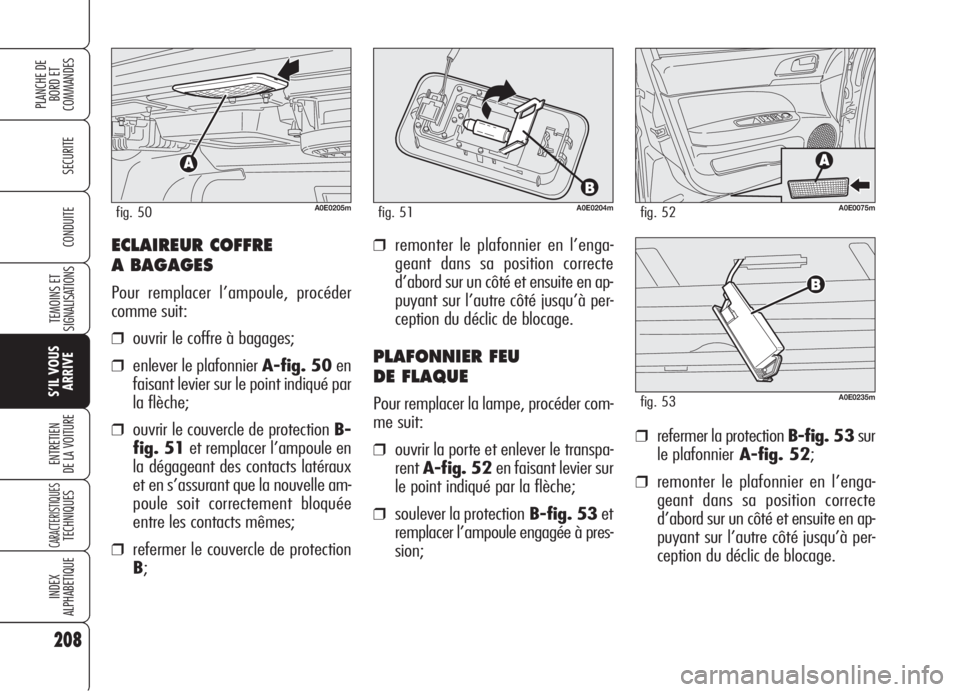 Alfa Romeo 159 2006 Notice dentretien (in French) ECLAIREUR COFFRE
A BAGAGES
Pour remplacer l’ampoule, procéder
comme suit:
❒ouvrir le coffre à bagages;
❒enlever le plafonnier A-fig. 50en
faisant levier sur le point indiqué par
la flèche;
Alfa Romeo 159 2006 Notice dentretien (in French) ECLAIREUR COFFRE
A BAGAGES
Pour remplacer l’ampoule, procéder
comme suit:
❒ouvrir le coffre à bagages;
❒enlever le plafonnier A-fig. 50en
faisant levier sur le point indiqué par
la flèche;