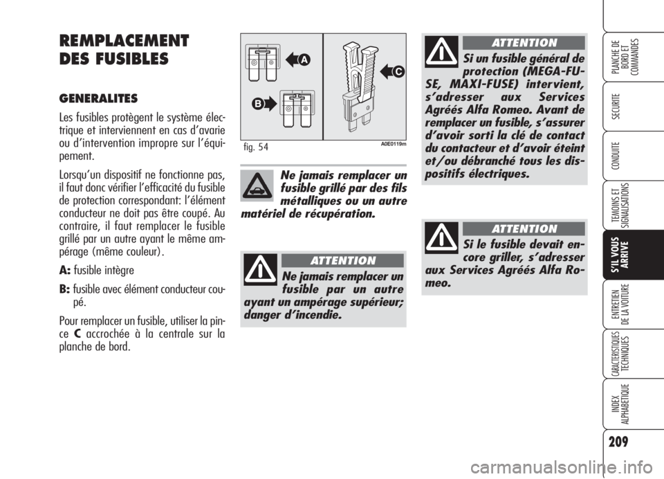 Alfa Romeo 159 2006 Notice dentretien (in French) 209
SECURITE
TEMOINS ET
SIGNALISATIONS
S’IL VOUS
ARRIVE
ENTRETIEN
DE LA VOITURE
CARACTERISTIQUESTECHNIQUES
INDEX
ALPHABETIQUE
PLANCHE DE
BORD ET
COMMANDES
CONDUITE
REMPLACEMENT
DES FUSIBLES
GENERAL Alfa Romeo 159 2006 Notice dentretien (in French) 209
SECURITE
TEMOINS ET
SIGNALISATIONS
S’IL VOUS
ARRIVE
ENTRETIEN
DE LA VOITURE
CARACTERISTIQUESTECHNIQUES
INDEX
ALPHABETIQUE
PLANCHE DE
BORD ET
COMMANDES
CONDUITE
REMPLACEMENT
DES FUSIBLES
GENERAL