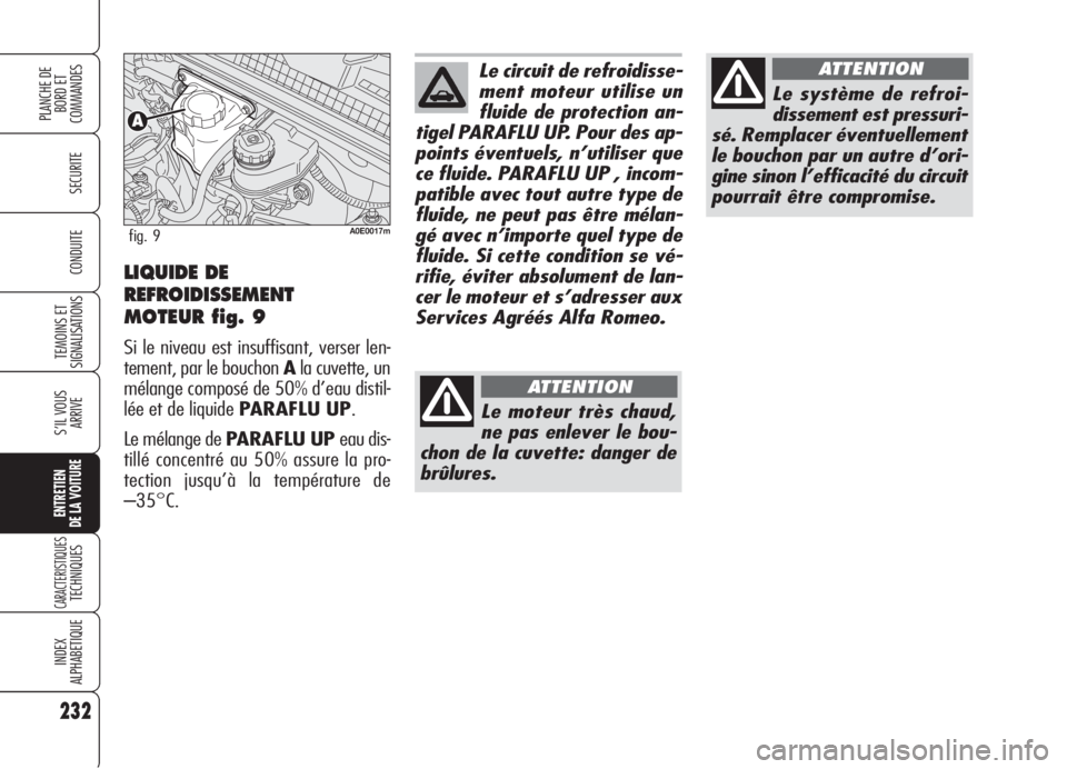 Alfa Romeo 159 2006 Notice dentretien (in French) 232
SECURITE
TEMOINS ET
SIGNALISATIONS
S’IL VOUS
ARRIVE
ENTRETIEN
DE LA VOITURE
CARACTERISTIQUESTECHNIQUES
INDEX
ALPHABETIQUE
PLANCHE DE
BORD ET
COMMANDES
CONDUITELIQUIDE DE
REFROIDISSEMENT
MOTEUR Alfa Romeo 159 2006 Notice dentretien (in French) 232
SECURITE
TEMOINS ET
SIGNALISATIONS
S’IL VOUS
ARRIVE
ENTRETIEN
DE LA VOITURE
CARACTERISTIQUESTECHNIQUES
INDEX
ALPHABETIQUE
PLANCHE DE
BORD ET
COMMANDES
CONDUITELIQUIDE DE
REFROIDISSEMENT
MOTEUR