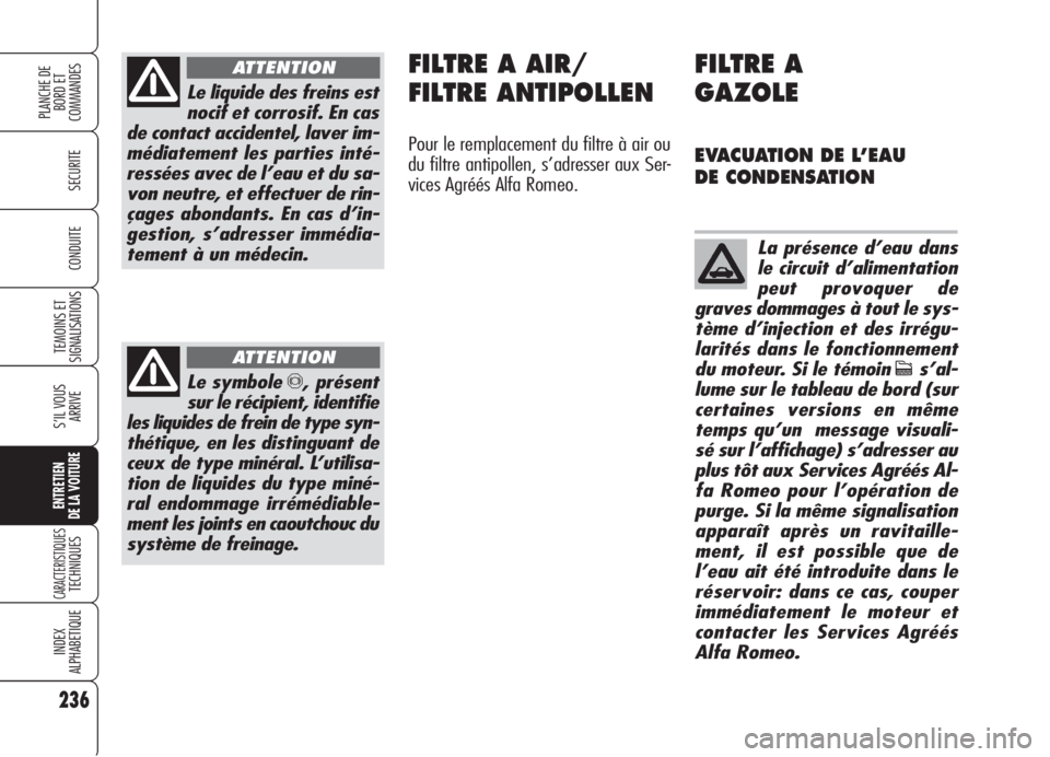 Alfa Romeo 159 2006 Notice dentretien (in French) 236
SECURITE
TEMOINS ET
SIGNALISATIONS
S’IL VOUS
ARRIVE
ENTRETIEN
DE LA VOITURE
CARACTERISTIQUESTECHNIQUES
INDEX
ALPHABETIQUE
PLANCHE DE
BORD ET
COMMANDES
CONDUITE
Le liquide des freins est
nocif e Alfa Romeo 159 2006 Notice dentretien (in French) 236
SECURITE
TEMOINS ET
SIGNALISATIONS
S’IL VOUS
ARRIVE
ENTRETIEN
DE LA VOITURE
CARACTERISTIQUESTECHNIQUES
INDEX
ALPHABETIQUE
PLANCHE DE
BORD ET
COMMANDES
CONDUITE
Le liquide des freins est
nocif e