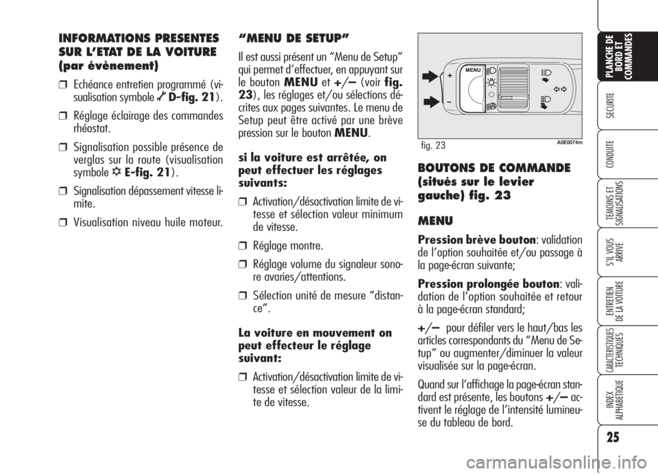 Alfa Romeo 159 2006 Notice dentretien (in French) 25
SECURITE
TEMOINS ET
SIGNALISATIONS
S’IL VOUS
ARRIVE
ENTRETIEN
DE LA VOITURE
CARACTERISTIQUESTECHNIQUES
INDEX
ALPHABETIQUE
PLANCHE DE
BORD ET
COMMANDES
CONDUITE
INFORMATIONS PRESENTES
SUR L’ETAT Alfa Romeo 159 2006 Notice dentretien (in French) 25
SECURITE
TEMOINS ET
SIGNALISATIONS
S’IL VOUS
ARRIVE
ENTRETIEN
DE LA VOITURE
CARACTERISTIQUESTECHNIQUES
INDEX
ALPHABETIQUE
PLANCHE DE
BORD ET
COMMANDES
CONDUITE
INFORMATIONS PRESENTES
SUR L’ETAT