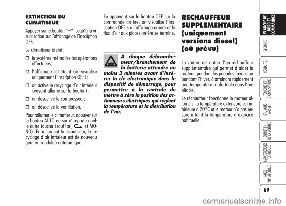 Alfa Romeo 159 2006 Notice dentretien (in French) 69
SECURITE
TEMOINS ET
SIGNALISATIONS
S’IL VOUS
ARRIVE
ENTRETIEN
DE LA VOITURE
CARACTERISTIQUESTECHNIQUES
INDEX
ALPHABETIQUE
PLANCHE DE
BORD ET
COMMANDES
CONDUITE
EXTINCTION DU
CLIMATISEUR
Appuyer s Alfa Romeo 159 2006 Notice dentretien (in French) 69
SECURITE
TEMOINS ET
SIGNALISATIONS
S’IL VOUS
ARRIVE
ENTRETIEN
DE LA VOITURE
CARACTERISTIQUESTECHNIQUES
INDEX
ALPHABETIQUE
PLANCHE DE
BORD ET
COMMANDES
CONDUITE
EXTINCTION DU
CLIMATISEUR
Appuyer s