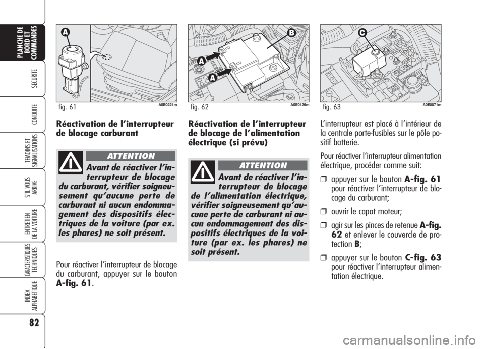 Alfa Romeo 159 2006 Notice dentretien (in French) Réactivation de l’interrupteur
de blocage de l’alimentation
électrique (si prévu)L’interrupteur est placé à l’intérieur de
la centrale porte-fusibles sur le pôle po-
sitif batterie.
Pou Alfa Romeo 159 2006 Notice dentretien (in French) Réactivation de l’interrupteur
de blocage de l’alimentation
électrique (si prévu)L’interrupteur est placé à l’intérieur de
la centrale porte-fusibles sur le pôle po-
sitif batterie.
Pou
