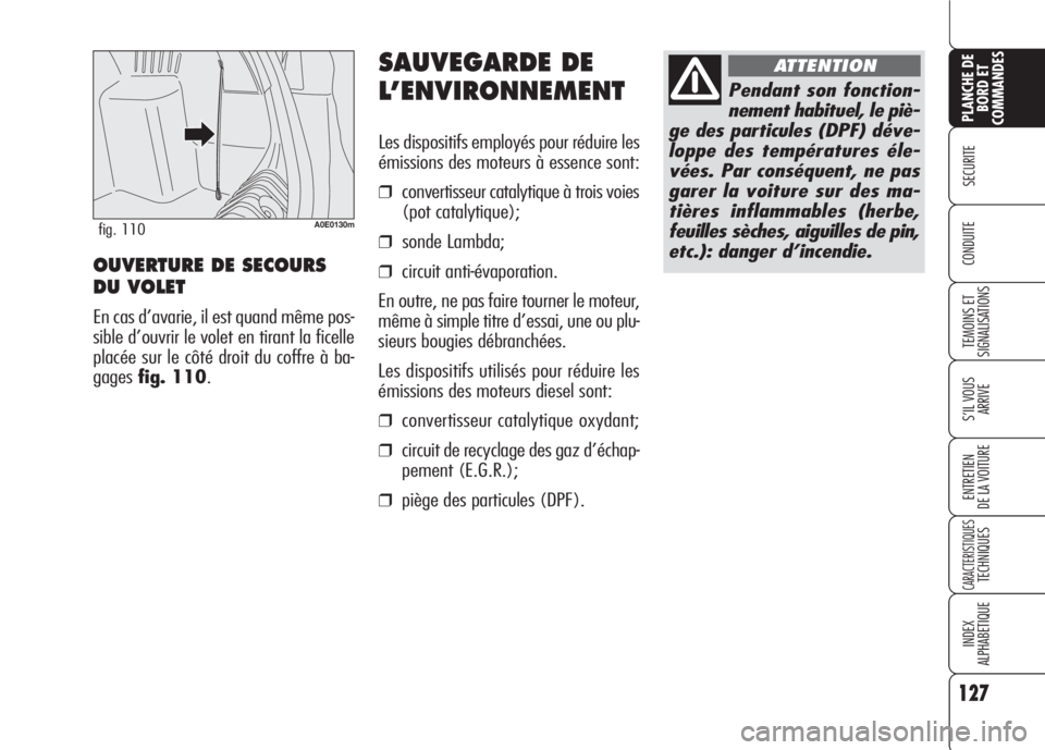 Alfa Romeo 159 2007 Notice dentretien (in French) 127
SECURITE
TEMOINS ET
SIGNALISATIONS
S’IL VOUS
ARRIVE
ENTRETIEN
DE LA VOITURE
CARACTERISTIQUESTECHNIQUES
INDEX
ALPHABETIQUE
PLANCHE DE
BORD ET
COMMANDES
CONDUITE
SAUVEGARDE DE
L’ENVIRONNEMENT
L Alfa Romeo 159 2007 Notice dentretien (in French) 127
SECURITE
TEMOINS ET
SIGNALISATIONS
S’IL VOUS
ARRIVE
ENTRETIEN
DE LA VOITURE
CARACTERISTIQUESTECHNIQUES
INDEX
ALPHABETIQUE
PLANCHE DE
BORD ET
COMMANDES
CONDUITE
SAUVEGARDE DE
L’ENVIRONNEMENT
L