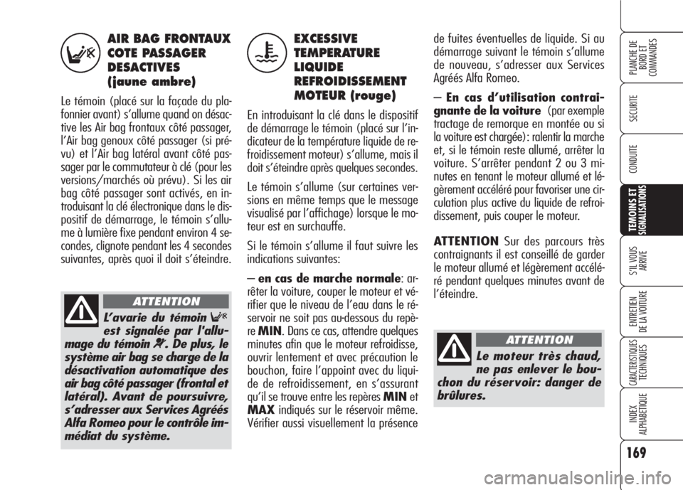 Alfa Romeo 159 2007 Notice dentretien (in French) 169
SECURITE
TEMOINS ETSIGNALISATIONS
S’IL VOUS
ARRIVE
ENTRETIEN
DE LA VOITURE
CARACTERISTIQUESTECHNIQUES
INDEX
ALPHABETIQUE
PLANCHE DE
BORD ET
COMMANDES
CONDUITE
AIR BAG FRONTAUX
COTE PASSAGER
DE Alfa Romeo 159 2007 Notice dentretien (in French) 169
SECURITE
TEMOINS ETSIGNALISATIONS
S’IL VOUS
ARRIVE
ENTRETIEN
DE LA VOITURE
CARACTERISTIQUESTECHNIQUES
INDEX
ALPHABETIQUE
PLANCHE DE
BORD ET
COMMANDES
CONDUITE
AIR BAG FRONTAUX
COTE PASSAGER
DE