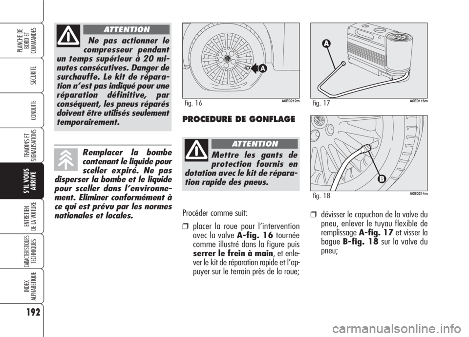 Alfa Romeo 159 2007 Notice dentretien (in French) Procéder comme suit:
❒placer la roue pour l’intervention
avec la valve A-fig. 16tournée
comme illustré dans la figure puis
serrer le frein à main, et enle-
ver le kit de réparation rapide et Alfa Romeo 159 2007 Notice dentretien (in French) Procéder comme suit:
❒placer la roue pour l’intervention
avec la valve A-fig. 16tournée
comme illustré dans la figure puis
serrer le frein à main, et enle-
ver le kit de réparation rapide et