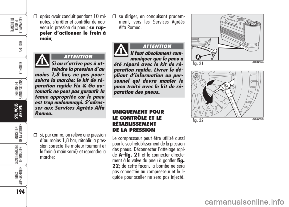 Alfa Romeo 159 2007 Notice dentretien (in French) 194
SECURITE
TEMOINS ET
SIGNALISATIONS
S’IL VOUS
ARRIVE
ENTRETIEN
DE LA VOITURE
CARACTERISTIQUESTECHNIQUES
INDEX
ALPHABETIQUE
PLANCHE DE
BORD ET
COMMANDES
CONDUITE
Il faut absolument com-
muniquer Alfa Romeo 159 2007 Notice dentretien (in French) 194
SECURITE
TEMOINS ET
SIGNALISATIONS
S’IL VOUS
ARRIVE
ENTRETIEN
DE LA VOITURE
CARACTERISTIQUESTECHNIQUES
INDEX
ALPHABETIQUE
PLANCHE DE
BORD ET
COMMANDES
CONDUITE
Il faut absolument com-
muniquer