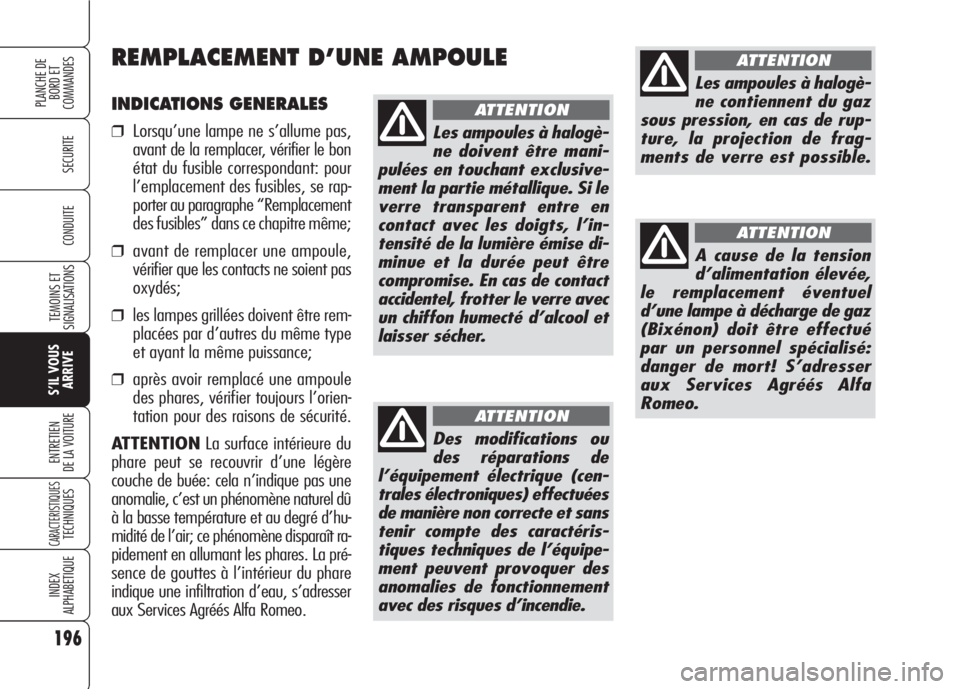 Alfa Romeo 159 2007 Notice dentretien (in French) 196
SECURITE
TEMOINS ET
SIGNALISATIONS
S’IL VOUS
ARRIVE
ENTRETIEN
DE LA VOITURE
CARACTERISTIQUESTECHNIQUES
INDEX
ALPHABETIQUE
PLANCHE DE
BORD ET
COMMANDES
CONDUITE
INDICATIONS GENERALES
❒Lorsqu Alfa Romeo 159 2007 Notice dentretien (in French) 196
SECURITE
TEMOINS ET
SIGNALISATIONS
S’IL VOUS
ARRIVE
ENTRETIEN
DE LA VOITURE
CARACTERISTIQUESTECHNIQUES
INDEX
ALPHABETIQUE
PLANCHE DE
BORD ET
COMMANDES
CONDUITE
INDICATIONS GENERALES
❒Lorsqu