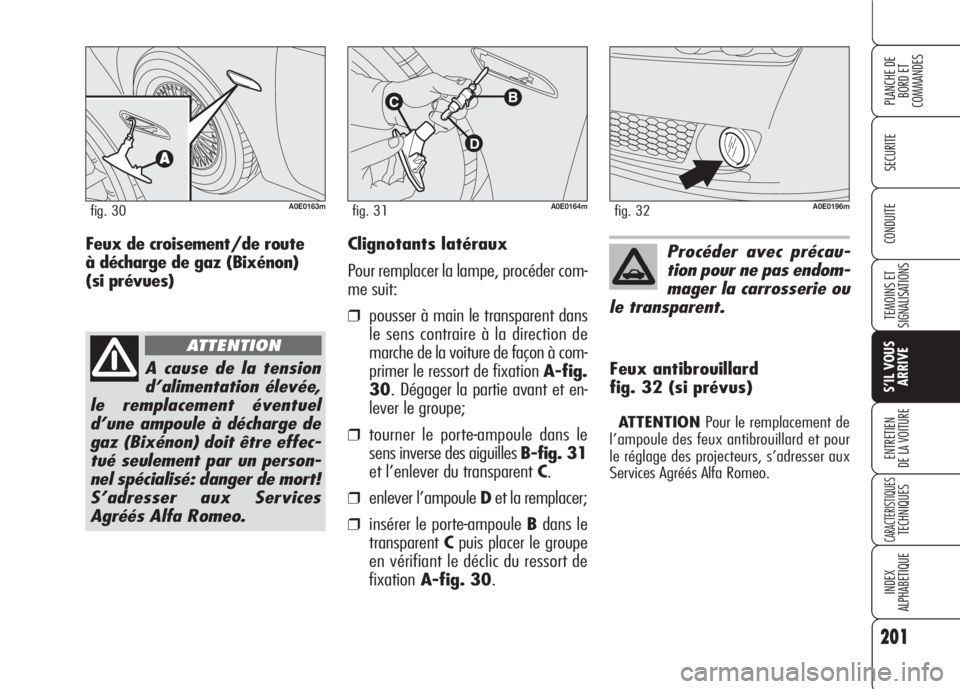 Alfa Romeo 159 2007 Notice dentretien (in French) 201
SECURITE
TEMOINS ET
SIGNALISATIONS
S’IL VOUS
ARRIVE
ENTRETIEN
DE LA VOITURE
CARACTERISTIQUESTECHNIQUES
INDEX
ALPHABETIQUE
PLANCHE DE
BORD ET
COMMANDES
CONDUITEClignotants latéraux
Pour remplac Alfa Romeo 159 2007 Notice dentretien (in French) 201
SECURITE
TEMOINS ET
SIGNALISATIONS
S’IL VOUS
ARRIVE
ENTRETIEN
DE LA VOITURE
CARACTERISTIQUESTECHNIQUES
INDEX
ALPHABETIQUE
PLANCHE DE
BORD ET
COMMANDES
CONDUITEClignotants latéraux
Pour remplac
