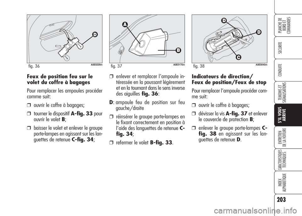 Alfa Romeo 159 2007 Notice dentretien (in French) 203
SECURITE
TEMOINS ET
SIGNALISATIONS
S’IL VOUS
ARRIVE
ENTRETIEN
DE LA VOITURE
CARACTERISTIQUESTECHNIQUES
INDEX
ALPHABETIQUE
PLANCHE DE
BORD ET
COMMANDES
CONDUITEIndicateurs de direction/
Feux de Alfa Romeo 159 2007 Notice dentretien (in French) 203
SECURITE
TEMOINS ET
SIGNALISATIONS
S’IL VOUS
ARRIVE
ENTRETIEN
DE LA VOITURE
CARACTERISTIQUESTECHNIQUES
INDEX
ALPHABETIQUE
PLANCHE DE
BORD ET
COMMANDES
CONDUITEIndicateurs de direction/
Feux de