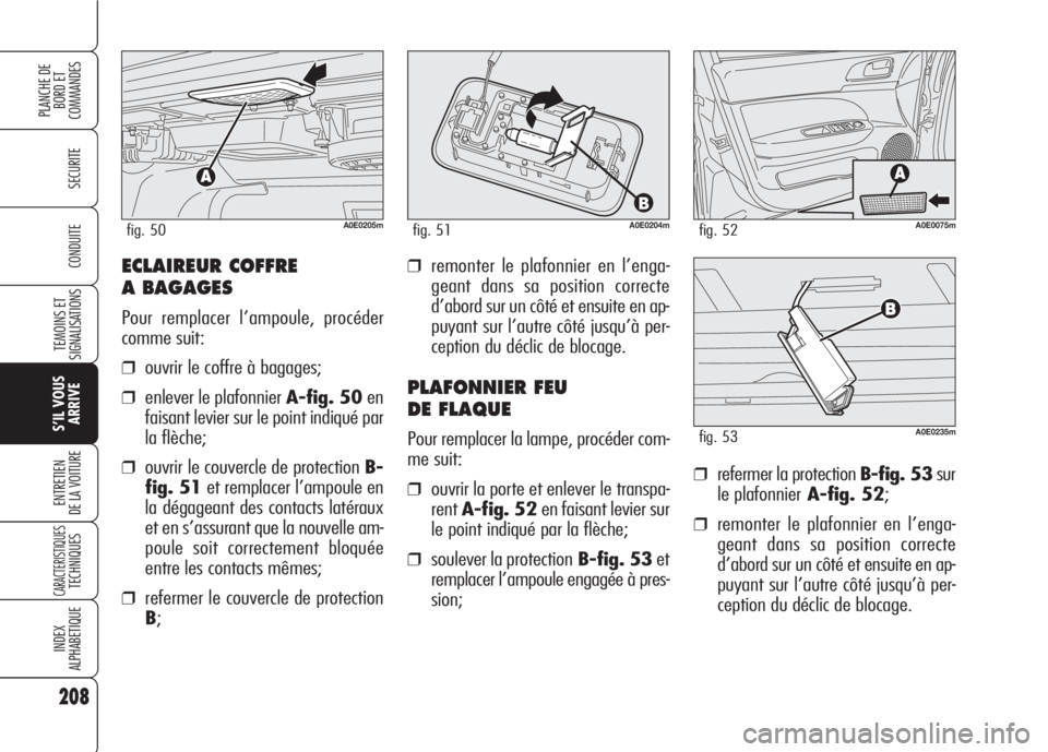 Alfa Romeo 159 2007 Notice dentretien (in French) ECLAIREUR COFFRE
A BAGAGES
Pour remplacer l’ampoule, procéder
comme suit:
❒ouvrir le coffre à bagages;
❒enlever le plafonnier A-fig. 50en
faisant levier sur le point indiqué par
la flèche;
Alfa Romeo 159 2007 Notice dentretien (in French) ECLAIREUR COFFRE
A BAGAGES
Pour remplacer l’ampoule, procéder
comme suit:
❒ouvrir le coffre à bagages;
❒enlever le plafonnier A-fig. 50en
faisant levier sur le point indiqué par
la flèche;