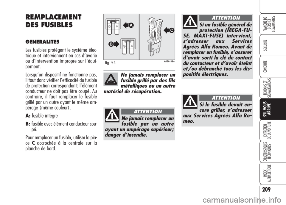 Alfa Romeo 159 2007 Notice dentretien (in French) 209
SECURITE
TEMOINS ET
SIGNALISATIONS
S’IL VOUS
ARRIVE
ENTRETIEN
DE LA VOITURE
CARACTERISTIQUESTECHNIQUES
INDEX
ALPHABETIQUE
PLANCHE DE
BORD ET
COMMANDES
CONDUITE
REMPLACEMENT
DES FUSIBLES
GENERAL Alfa Romeo 159 2007 Notice dentretien (in French) 209
SECURITE
TEMOINS ET
SIGNALISATIONS
S’IL VOUS
ARRIVE
ENTRETIEN
DE LA VOITURE
CARACTERISTIQUESTECHNIQUES
INDEX
ALPHABETIQUE
PLANCHE DE
BORD ET
COMMANDES
CONDUITE
REMPLACEMENT
DES FUSIBLES
GENERAL
