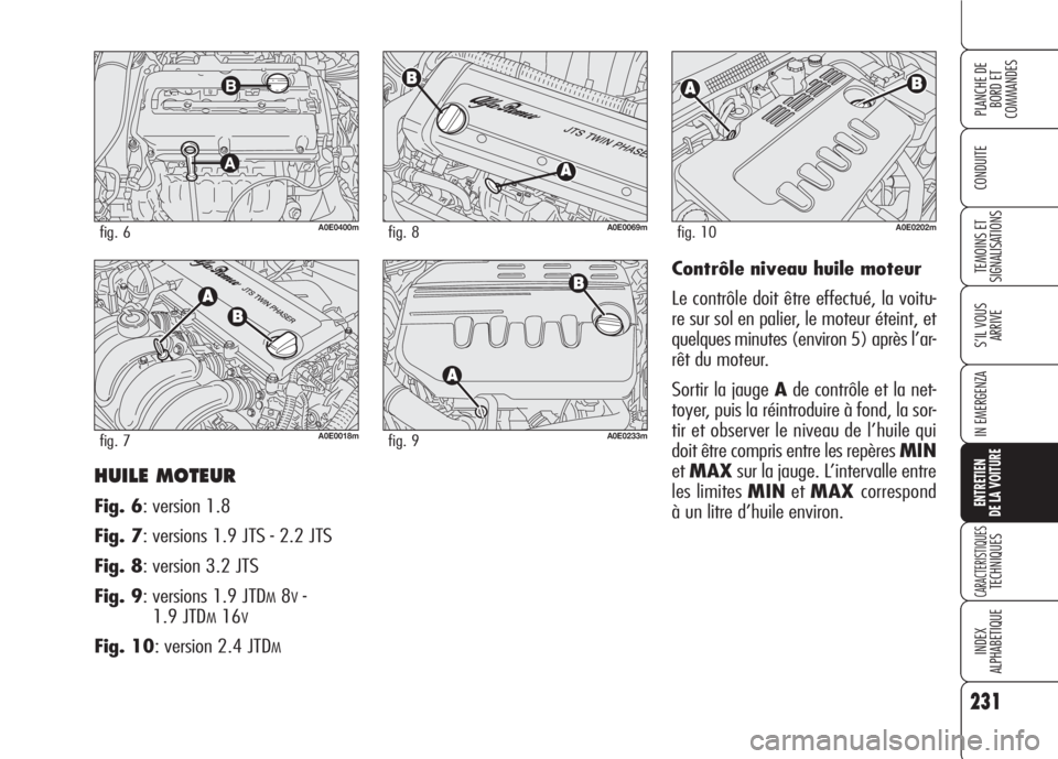 Alfa Romeo 159 2007 Notice dentretien (in French) 231
CONDUITE
S’IL VOUS
ARRIVE
IN EMERGENZA
ENTRETIEN
DE LA VOITURE
CARACTERISTIQUESTECHNIQUES
INDEX
ALPHABETIQUE
PLANCHE DE
BORD ET
COMMANDES
TEMOINS ET
SIGNALISATIONS
HUILE MOTEUR
Fig. 6: versio Alfa Romeo 159 2007 Notice dentretien (in French) 231
CONDUITE
S’IL VOUS
ARRIVE
IN EMERGENZA
ENTRETIEN
DE LA VOITURE
CARACTERISTIQUESTECHNIQUES
INDEX
ALPHABETIQUE
PLANCHE DE
BORD ET
COMMANDES
TEMOINS ET
SIGNALISATIONS
HUILE MOTEUR
Fig. 6: versio