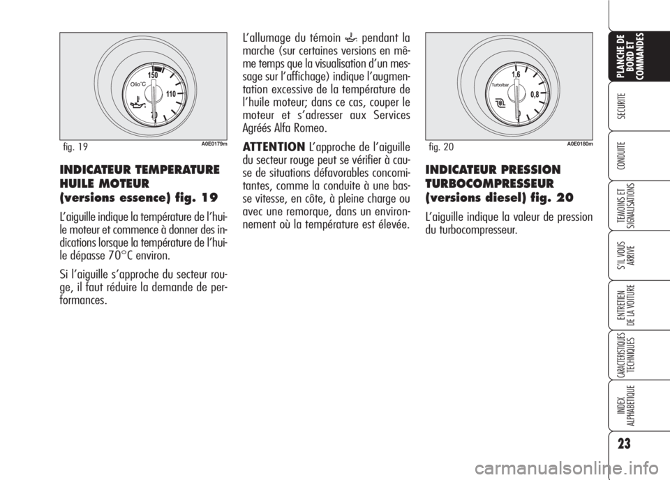 Alfa Romeo 159 2007 Notice dentretien (in French) 23
SECURITE
TEMOINS ET
SIGNALISATIONS
S’IL VOUS
ARRIVE
ENTRETIEN
DE LA VOITURE
CARACTERISTIQUESTECHNIQUES
INDEX
ALPHABETIQUE
PLANCHE DE
BORD ET
COMMANDES
CONDUITE
L’allumage du témoin `pendant la Alfa Romeo 159 2007 Notice dentretien (in French) 23
SECURITE
TEMOINS ET
SIGNALISATIONS
S’IL VOUS
ARRIVE
ENTRETIEN
DE LA VOITURE
CARACTERISTIQUESTECHNIQUES
INDEX
ALPHABETIQUE
PLANCHE DE
BORD ET
COMMANDES
CONDUITE
L’allumage du témoin `pendant la