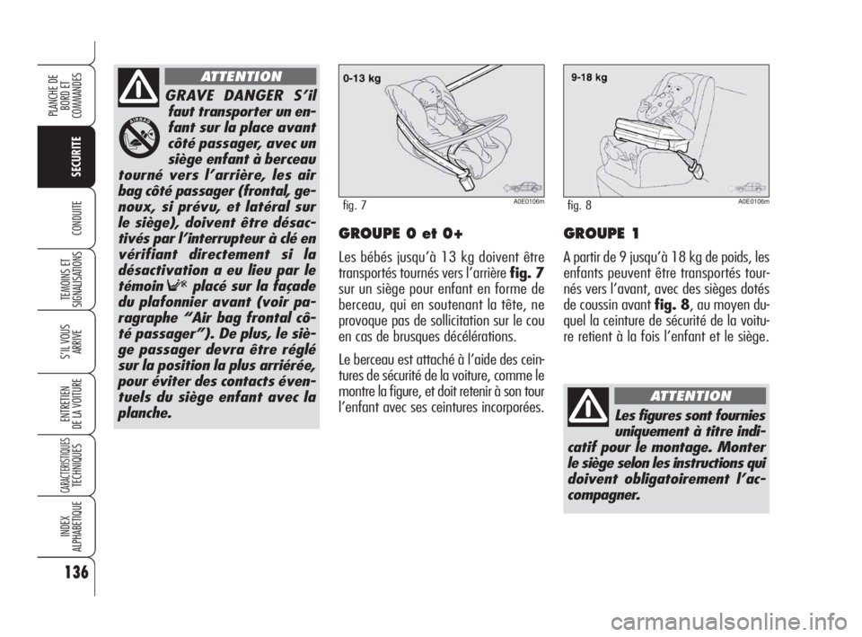 Alfa Romeo 159 2008 Notice dentretien (in French) 136
SECURITE
TEMOINS ET
SIGNALISATIONS
S’IL VOUS
ARRIVE
ENTRETIEN
DE LA VOITURE
CARACTERISTIQUESTECHNIQUES
INDEX
ALPHABETIQUE
PLANCHE DE
BORD ET
COMMANDES
CONDUITEGROUPE 0 et 0+
Les bébés jusqu Alfa Romeo 159 2008 Notice dentretien (in French) 136
SECURITE
TEMOINS ET
SIGNALISATIONS
S’IL VOUS
ARRIVE
ENTRETIEN
DE LA VOITURE
CARACTERISTIQUESTECHNIQUES
INDEX
ALPHABETIQUE
PLANCHE DE
BORD ET
COMMANDES
CONDUITEGROUPE 0 et 0+
Les bébés jusqu