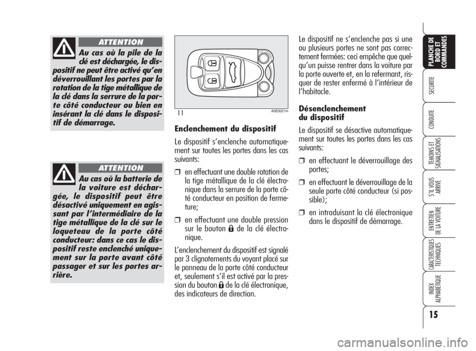 Alfa Romeo 159 2008 Notice dentretien (in French) 15
SECURITE
TEMOINS ET
SIGNALISATIONS
S’IL VOUS
ARRIVE
ENTRETIEN
DE LA VOITURE
CARACTERISTIQUESTECHNIQUES
INDEX
ALPHABETIQUE
PLANCHE DE
BORD ET
COMMANDES
CONDUITE
Au cas où la pile de la
clé est d Alfa Romeo 159 2008 Notice dentretien (in French) 15
SECURITE
TEMOINS ET
SIGNALISATIONS
S’IL VOUS
ARRIVE
ENTRETIEN
DE LA VOITURE
CARACTERISTIQUESTECHNIQUES
INDEX
ALPHABETIQUE
PLANCHE DE
BORD ET
COMMANDES
CONDUITE
Au cas où la pile de la
clé est d
