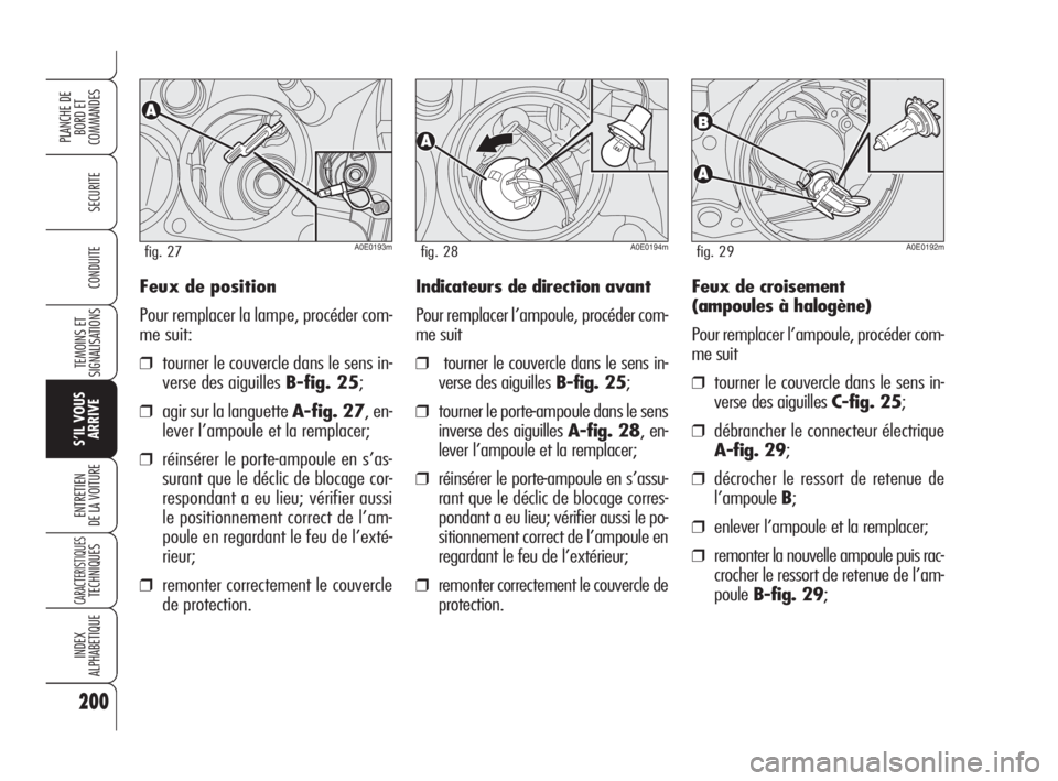 Alfa Romeo 159 2008  Notice dentretien (in French) Feux de position
Pour remplacer la lampe, procéder com-
me suit:
❒tourner le couvercle dans le sens in-
verse des aiguilles B-fig. 25;
❒agir sur la languette A-fig. 27, en-
lever l’ampoule et l