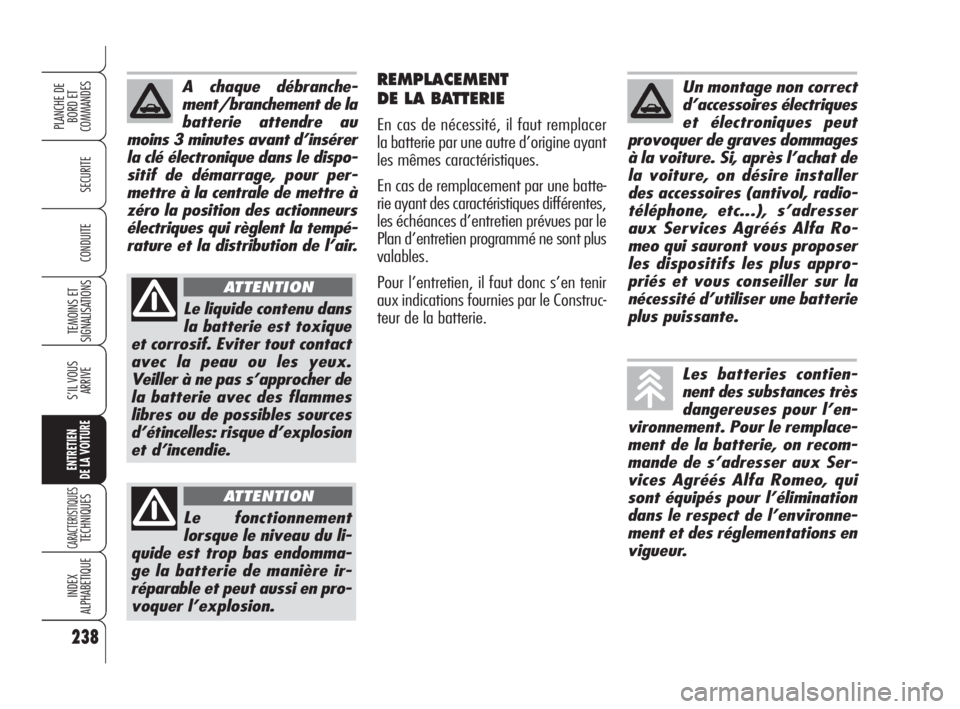Alfa Romeo 159 2008  Notice dentretien (in French) 238
SECURITE
TEMOINS ET
SIGNALISATIONS
S’IL VOUS
ARRIVE
ENTRETIEN
DE LA VOITURE
CARACTERISTIQUESTECHNIQUES
INDEX
ALPHABETIQUE
PLANCHE DE
BORD ET 
COMMANDES
CONDUITE
REMPLACEMENT
DE LA BATTERIE
En ca