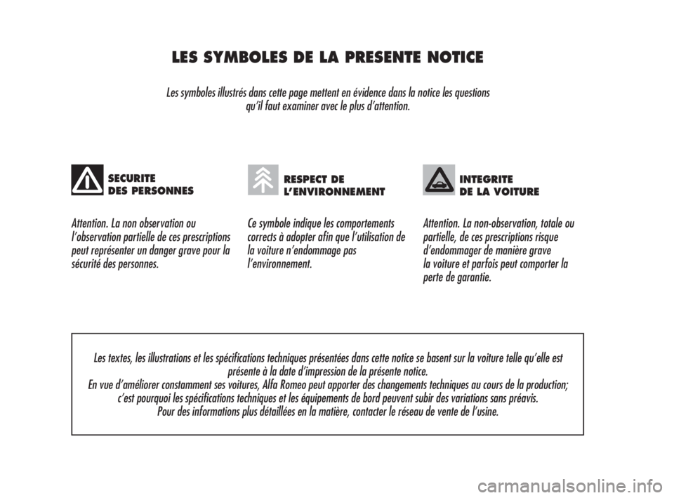 Alfa Romeo 159 2008  Notice dentretien (in French) LES SYMBOLES DE LA PRESENTE NOTICE
Les symboles illustrés dans cette page mettent en évidence dans la notice les questions 
qu’il faut examiner avec le plus d’attention.
Attention. La non observ