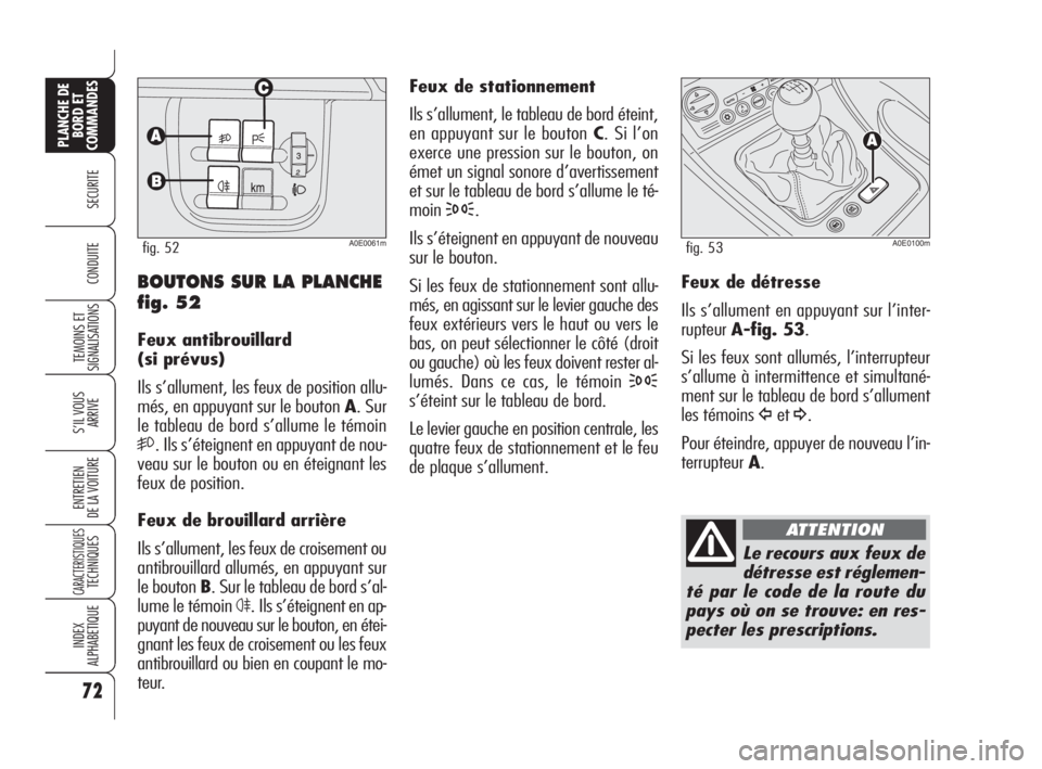 Alfa Romeo 159 2008  Notice dentretien (in French) 72
SECURITE
TEMOINS ET
SIGNALISATIONS
S’IL VOUS
ARRIVE
ENTRETIEN
DE LA VOITURE
CARACTERISTIQUESTECHNIQUES
INDEX
ALPHABETIQUE
PLANCHE DE
BORD ET
COMMANDES
CONDUITE
Feux de stationnement
Ils s’allum