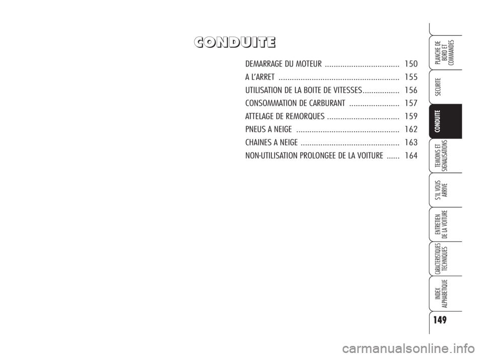 Alfa Romeo 159 2009  Notice dentretien (in French) 149
SECURITE
TEMOINS ET
SIGNALISATIONS
S’IL VOUS 
ARRIVE
ENTRETIEN
DE LA VOITURE
CARACTERISTIQUESTECHNIQUES
INDEX
ALPHABETIQUE
PLANCHE DE
BORD ET 
COMMANDES
CONDUITE
C C
O O
N N
D D
U U
I I
T T
E E
