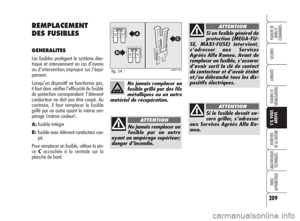 Alfa Romeo 159 2009  Notice dentretien (in French) 209
SECURITE
TEMOINS ET
SIGNALISATIONS
S’IL VOUS
ARRIVE
ENTRETIEN
DE LA VOITURE
CARACTERISTIQUESTECHNIQUES
INDEX
ALPHABETIQUE
PLANCHE DE
BORD ET 
COMMANDES
CONDUITE
REMPLACEMENT
DES FUSIBLES
GENERAL