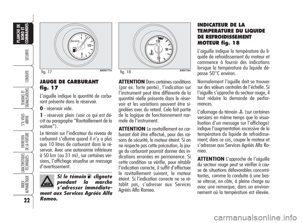 Alfa Romeo 159 2009  Notice dentretien (in French) 22
SECURITE
TEMOINS ET
SIGNALISATIONS
S’IL VOUS
ARRIVE
ENTRETIEN
DE LA VOITURE
CARACTERISTIQUESTECHNIQUES
INDEX
ALPHABETIQUE
PLANCHE DE
BORD ET
COMMANDES
CONDUITEATTENTIONDans certaines conditions
(