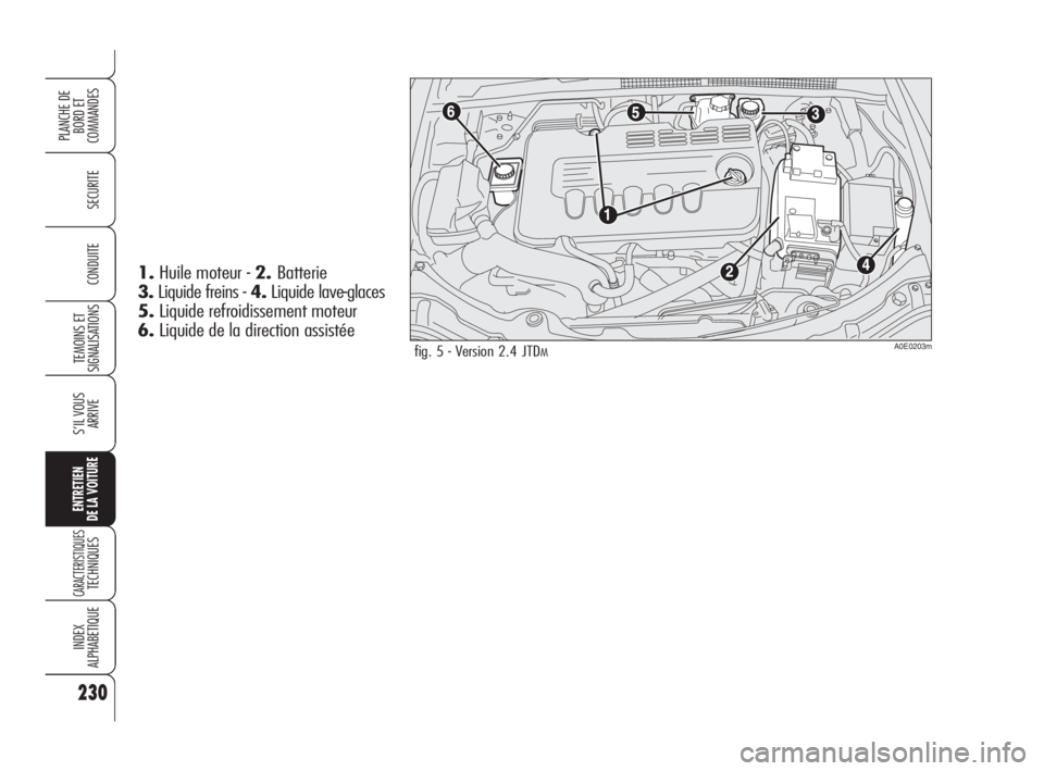 Alfa Romeo 159 2009  Notice dentretien (in French) 230
SECURITE
TEMOINS ET
SIGNALISATIONS
S’IL VOUS
ARRIVE
ENTRETIEN
DE LA VOITURE
CARACTERISTIQUESTECHNIQUES
INDEX
ALPHABETIQUE
PLANCHE DE
BORD ET 
COMMANDES
CONDUITE
fig. 5 - Version 2.4 JTDMA0E0203m