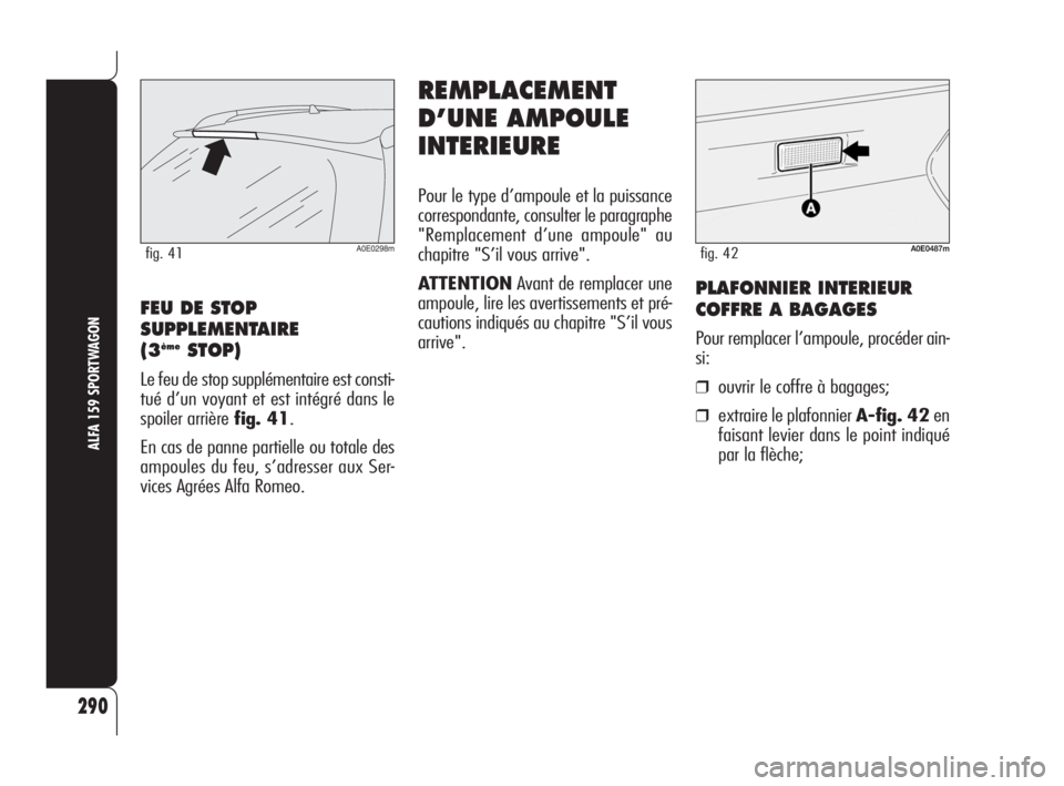 Alfa Romeo 159 2009  Notice dentretien (in French) 290
ALFA 159 SPORTWAGON
A0E0298mfig. 41
FEU DE STOP
SUPPLEMENTAIRE 
(3
èmeSTOP)
Le feu de stop supplémentaire est consti-
tué d’un voyant et est intégré dans le
spoiler arrière fig. 41.
En cas