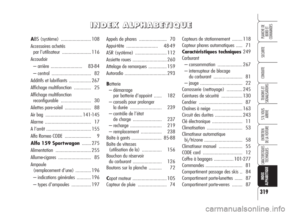 Alfa Romeo 159 2009  Notice dentretien (in French) 319
SECURITE
TEMOINS ET 
SIGNALISATIONS
S’IL VOUS 
ARRIVE
ENTRETIEN
DE LA VOITURE
CARACTERISTIQUESTECHNIQUES
INDEX
ALPHABETIQUE
PLANCHE DE
BORD ET 
COMMANDES
CONDUITE
Appels de phares ..............