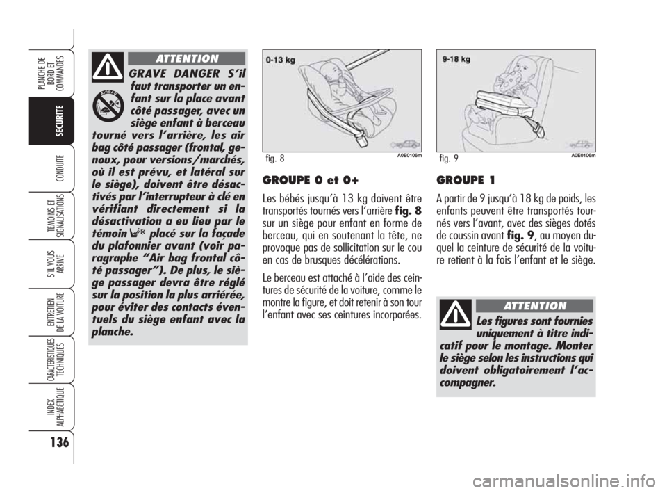 Alfa Romeo 159 2010 Notice dentretien (in French) 136
SECURITE
TEMOINS ET
SIGNALISATIONS
S’IL VOUS
ARRIVE
ENTRETIEN
DE LA VOITURE
CARACTERISTIQUESTECHNIQUES
INDEX
ALPHABETIQUE
PLANCHE DE
BORD ET
COMMANDES
CONDUITEGROUPE 0 et 0+
Les bébés jusq Alfa Romeo 159 2010 Notice dentretien (in French) 136
SECURITE
TEMOINS ET
SIGNALISATIONS
S’IL VOUS
ARRIVE
ENTRETIEN
DE LA VOITURE
CARACTERISTIQUESTECHNIQUES
INDEX
ALPHABETIQUE
PLANCHE DE
BORD ET
COMMANDES
CONDUITEGROUPE 0 et 0+
Les bébés jusq