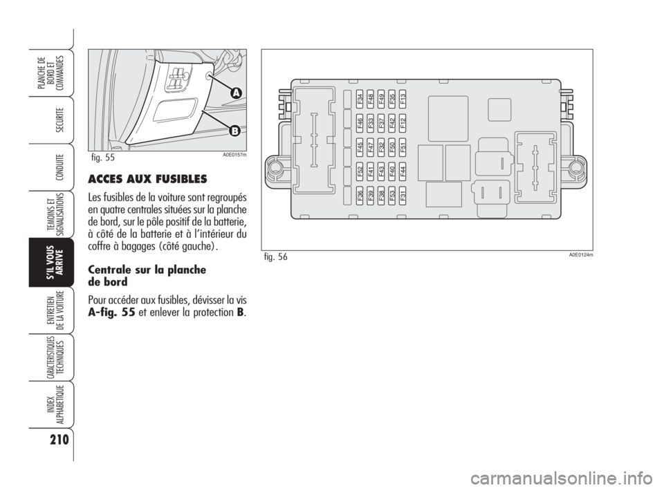 Alfa Romeo 159 2010 Notice dentretien (in French) ACCES AUX FUSIBLES
Les fusibles de la voiture sont regroupés
en quatre centrales situées sur la planche
de bord, sur le pôle positif de la batterie,
à côté de la batterie et à l’intérieur du Alfa Romeo 159 2010 Notice dentretien (in French) ACCES AUX FUSIBLES
Les fusibles de la voiture sont regroupés
en quatre centrales situées sur la planche
de bord, sur le pôle positif de la batterie,
à côté de la batterie et à l’intérieur du