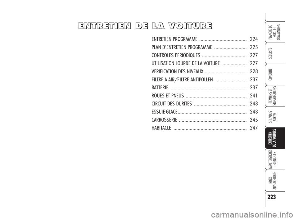 Alfa Romeo 159 2010 Notice dentretien (in French) 223
SECURITE
TEMOINS ET
SIGNALISATIONS
S’IL VOUS
ARRIVE
ENTRETIEN
DE LA VOITURE
CARACTERISTIQUES TECHNIQUES
INDEX
ALPHABETIQUE
PLANCHE DE
BORD ET
COMMANDES
CONDUITE
E E
N N
T T
R R
E E
T T
I I
Alfa Romeo 159 2010 Notice dentretien (in French) 223
SECURITE
TEMOINS ET
SIGNALISATIONS
S’IL VOUS
ARRIVE
ENTRETIEN
DE LA VOITURE
CARACTERISTIQUES TECHNIQUES
INDEX
ALPHABETIQUE
PLANCHE DE
BORD ET
COMMANDES
CONDUITE
E E
N N
T T
R R
E E
T T
I I