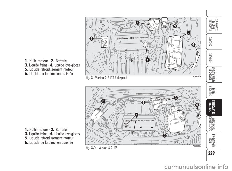 Alfa Romeo 159 2010 Notice dentretien (in French) 229
SECURITE
TEMOINS ET
SIGNALISATIONS
S’IL VOUS
ARRIVE
ENTRETIEN
DE LA VOITURE
CARACTERISTIQUES TECHNIQUES
INDEX
ALPHABETIQUE
PLANCHE DE
BORD ET
COMMANDES
CONDUITE
fig. 3/a - Version 3.2 JTSA0 Alfa Romeo 159 2010 Notice dentretien (in French) 229
SECURITE
TEMOINS ET
SIGNALISATIONS
S’IL VOUS
ARRIVE
ENTRETIEN
DE LA VOITURE
CARACTERISTIQUES TECHNIQUES
INDEX
ALPHABETIQUE
PLANCHE DE
BORD ET
COMMANDES
CONDUITE
fig. 3/a - Version 3.2 JTSA0