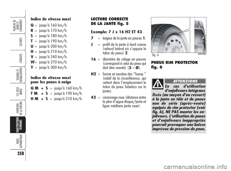 Alfa Romeo 159 2010 Notice dentretien (in French) LECTURE CORRECTE
DE LA JANTE fig. 5
Exemple: 7 J x 16 H2 ET 43
7= largeur de la jante en pouces 1.
J= profil de la jante à bord creuse
(rebord latéral où s’appuie le
talon du pneu) 2.
16= diam Alfa Romeo 159 2010 Notice dentretien (in French) LECTURE CORRECTE
DE LA JANTE fig. 5
Exemple: 7 J x 16 H2 ET 43
7= largeur de la jante en pouces 1.
J= profil de la jante à bord creuse
(rebord latéral où s’appuie le
talon du pneu) 2.
16= diam