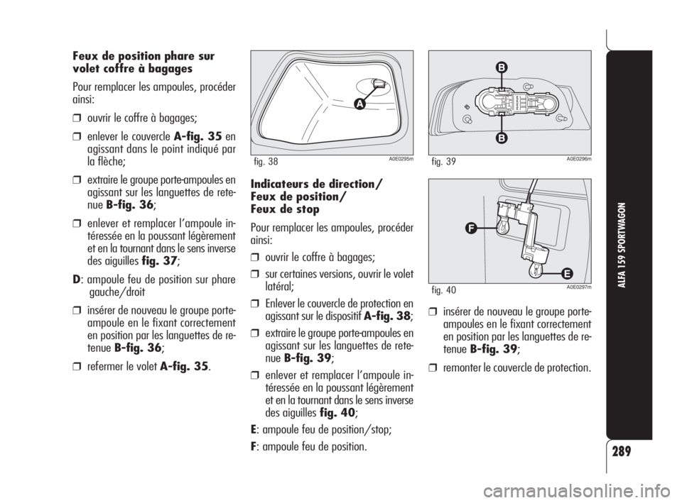 Alfa Romeo 159 2010 Notice dentretien (in French) 289
ALFA 159 SPORTWAGON
A0E0295mfig. 38
Feux de position phare sur
volet coffre à bagages
Pour remplacer les ampoules, procéder
ainsi:
❒ouvrir le coffre à bagages;
❒enlever le couvercle A-fig. Alfa Romeo 159 2010 Notice dentretien (in French) 289
ALFA 159 SPORTWAGON
A0E0295mfig. 38
Feux de position phare sur
volet coffre à bagages
Pour remplacer les ampoules, procéder
ainsi:
❒ouvrir le coffre à bagages;
❒enlever le couvercle A-fig.