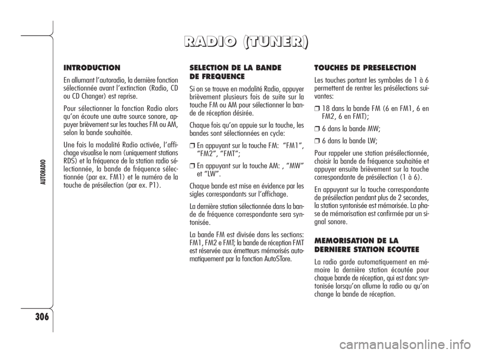 Alfa Romeo 159 2010 Notice dentretien (in French) 306
AUTORADIO
SELECTION DE LA BANDE
DE FREQUENCE
Si on se trouve en modalité Radio, appuyer
brièvement plusieurs fois de suite sur la
touche FM ou AM pour sélectionner la ban-
de de réception dé Alfa Romeo 159 2010 Notice dentretien (in French) 306
AUTORADIO
SELECTION DE LA BANDE
DE FREQUENCE
Si on se trouve en modalité Radio, appuyer
brièvement plusieurs fois de suite sur la
touche FM ou AM pour sélectionner la ban-
de de réception dé