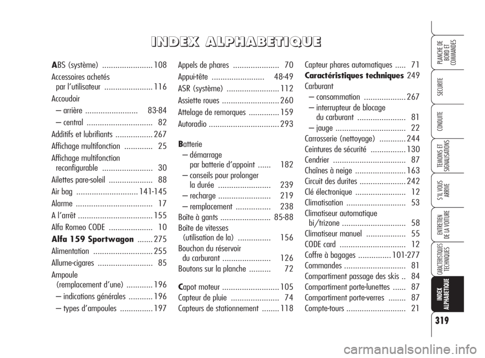 Alfa Romeo 159 2010 Notice dentretien (in French) 319
SECURITE
TEMOINS ET
SIGNALISATIONS
S’IL VOUS
ARRIVE
ENTRETIEN
DE LA VOITURE
CARACTERISTIQUESTECHNIQUES
INDEX
ALPHABETIQUE
PLANCHE DE
BORD ET
COMMANDES
CONDUITE
Appels de phares ............ Alfa Romeo 159 2010 Notice dentretien (in French) 319
SECURITE
TEMOINS ET
SIGNALISATIONS
S’IL VOUS
ARRIVE
ENTRETIEN
DE LA VOITURE
CARACTERISTIQUESTECHNIQUES
INDEX
ALPHABETIQUE
PLANCHE DE
BORD ET
COMMANDES
CONDUITE
Appels de phares ............