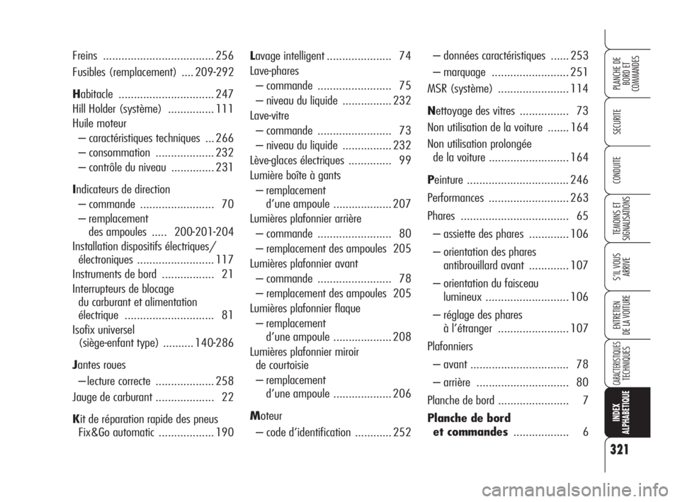 Alfa Romeo 159 2010 Notice dentretien (in French) 321
SECURITE
TEMOINS ET
SIGNALISATIONS
S’IL VOUS
ARRIVE
ENTRETIEN
DE LA VOITURE
CARACTERISTIQUESTECHNIQUES
INDEX
ALPHABETIQUE
PLANCHE DE
BORD ET
COMMANDES
CONDUITE
Lavage intelligent........... Alfa Romeo 159 2010 Notice dentretien (in French) 321
SECURITE
TEMOINS ET
SIGNALISATIONS
S’IL VOUS
ARRIVE
ENTRETIEN
DE LA VOITURE
CARACTERISTIQUESTECHNIQUES
INDEX
ALPHABETIQUE
PLANCHE DE
BORD ET
COMMANDES
CONDUITE
Lavage intelligent...........