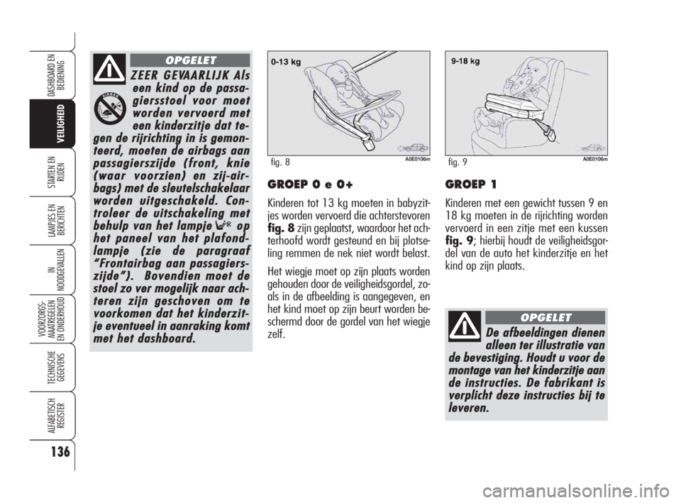 Alfa Romeo 159 2008  Instructieboek (in Dutch) 136
VEILIGHEID
LAMPJES EN 
BERICHTEN
IN
NOODGEVALLEN
VOORZORGS-
MAATREGELEN 
EN ONDERHOUD 
TECHNISCHE
GEGEVENS
ALFABETISCH 
REGISTER
DASHBOARD EN
BEDIENING
STARTEN EN 
RIJDENGROEP 0 e 0+
Kinderen tot 