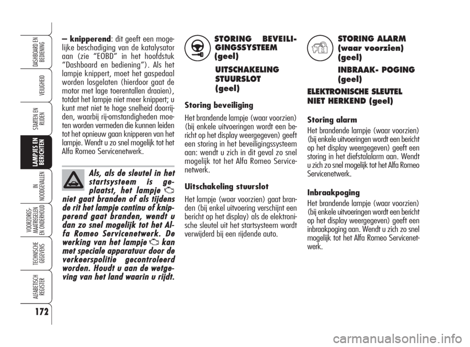 Alfa Romeo 159 2009  Instructieboek (in Dutch) STORING BEVEILI-
GINGSSYSTEEM
(geel)
UITSCHAKELING
STUURSLOT
(geel)
Storing beveiliging 
Het brandende lampje (waar voorzien)
(bij enkele uitvoeringen wordt een be-
richt op het display weergegeven) g