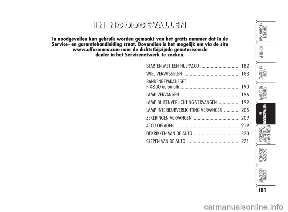 Alfa Romeo 159 2008 Instructieboek (in Dutch) 181
VEILIGHEID
LAMPJES EN
BERICHTEN
VOORZORGS-
MAATREGELEN
EN ONDERHOUD
TECHNISCHE
GEGEVENS
ALFABETISCH
REGISTER
DASHBOARD EN
BEDIENING
STARTEN EN
RIJDEN
IN
NOODGEVALLEN
II I
N N
N N
O O
O O
D D
G Alfa Romeo 159 2008 Instructieboek (in Dutch) 181
VEILIGHEID
LAMPJES EN
BERICHTEN
VOORZORGS-
MAATREGELEN
EN ONDERHOUD
TECHNISCHE
GEGEVENS
ALFABETISCH
REGISTER
DASHBOARD EN
BEDIENING
STARTEN EN
RIJDEN
IN
NOODGEVALLEN
II I
N N
N N
O O
O O
D D
G