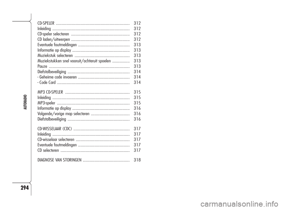 Alfa Romeo 159 2008  Instructieboek (in Dutch) 294
AUTORADIO
CD-SPELER............................................................... 312
Inleiding.................................................................. 312
CD-speler selecteren ........