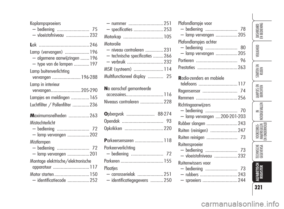 Alfa Romeo 159 2008  Instructieboek (in Dutch) 321
VEILIGHEID
LAMPJES EN 
BERICHTEN
IN
NOODGEVALLEN
VOORZORGS-
MAATREGELEN 
EN ONDERHOUD
ALFABETISCH 
REGISTER
DASHBOARD
EN BEDIENING
STARTEN EN 
RIJDEN
TECHNISCHE
GEGEVENSA
– nummer ..............
