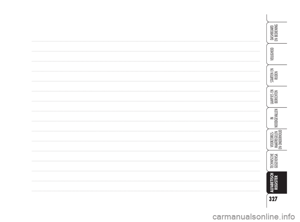 Alfa Romeo 159 2009  Instructieboek (in Dutch) 327
VEILIGHEID
LAMPJES EN 
BERICHTEN
IN
NOODGEVALLEN
VOORZORGS-
MAATREGELEN 
EN ONDERHOUD
ALFABETISCH 
REGISTER
DASHBOARD
EN BEDIENING
STARTEN EN 
RIJDEN
TECHNISCHE
GEGEVENSA
319-328 Alfa 159 NL  21-1